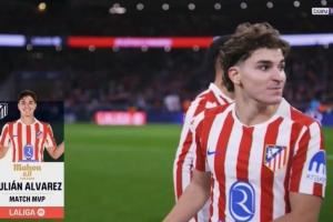 0球0助攻但送出6关键传球!西甲官方:阿尔瓦雷斯当选本场MVP